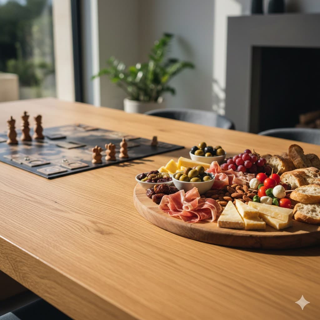 Gedeckter Tisch mit Essen und Brettspielen